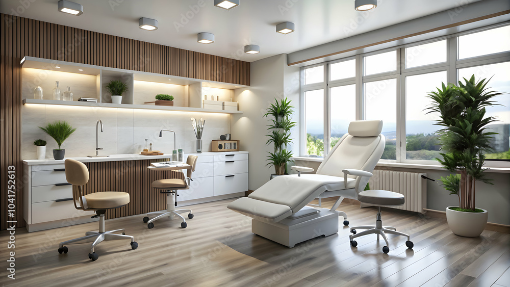 Elegant medical treatment room with modern furniture and lush greenery. Elegant medical treatment room with modern furniture and lush greenery.