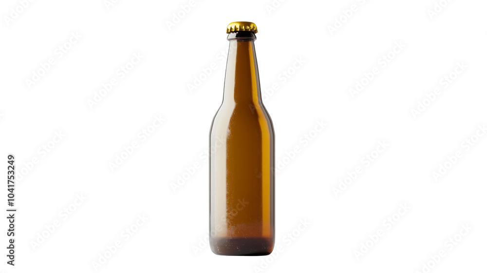 A clear glass beer bottle with a golden cap, set against a black background, highlighting its shape and color. A clear glass beer bottle with a golden cap, set against a black background, highlighting its shape and color.