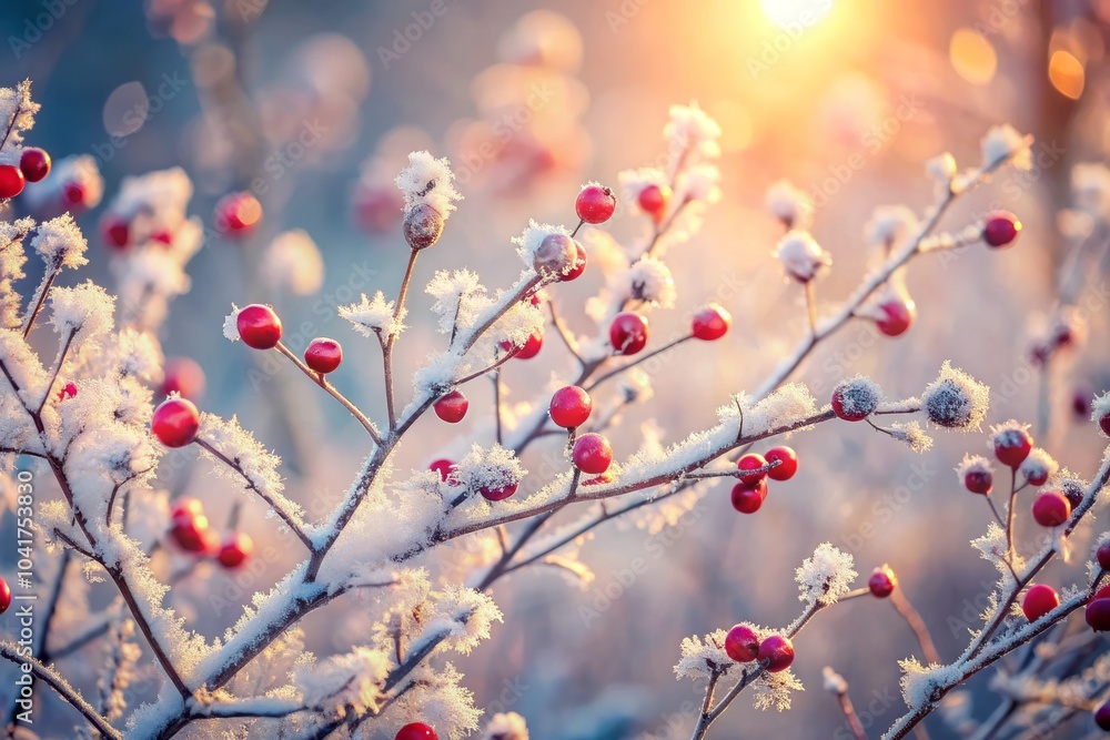 Snowflakes Gently Settle on Frosty Winter Berries Among Delicate Twigs in a Serene Winter Landscape Snowflakes Gently Settle on Frosty Winter Berries Among Delicate Twigs in a Serene Winter Landscape