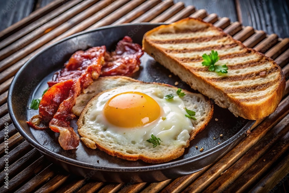 breakfast meal with bacon, egg, and bread on grill breakfast meal with bacon, egg, and bread on grill