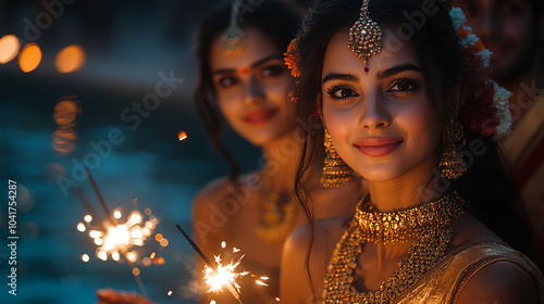 A young woman in traditional Indian dress, holding sparklers. Warm lighting. Happy Diwali