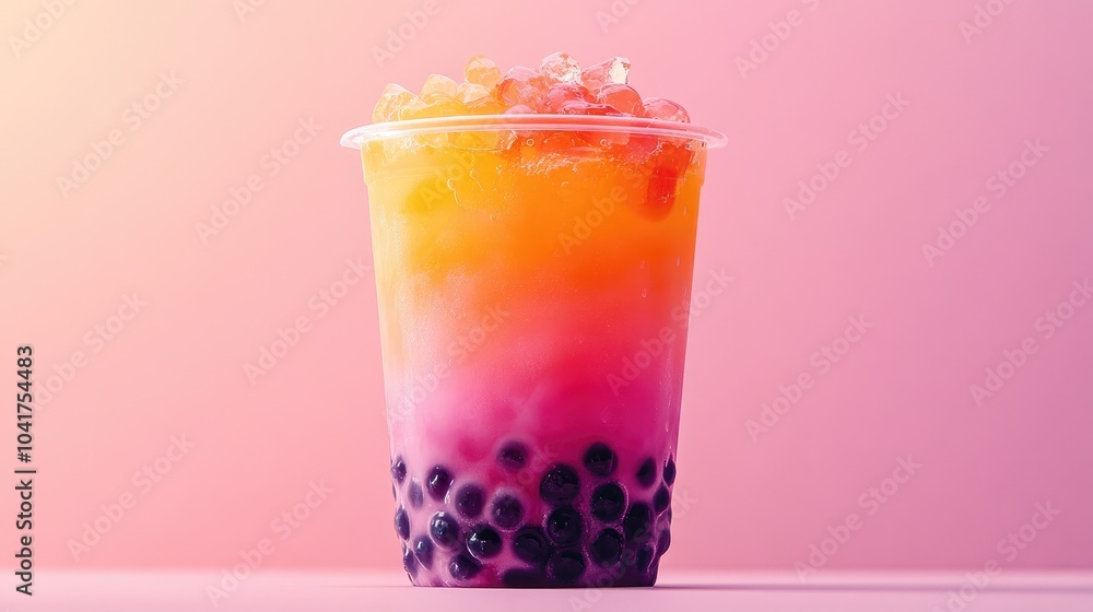 Colorful Layered Drink with Toppings and Bubbles Colorful Layered Drink with Toppings and Bubbles