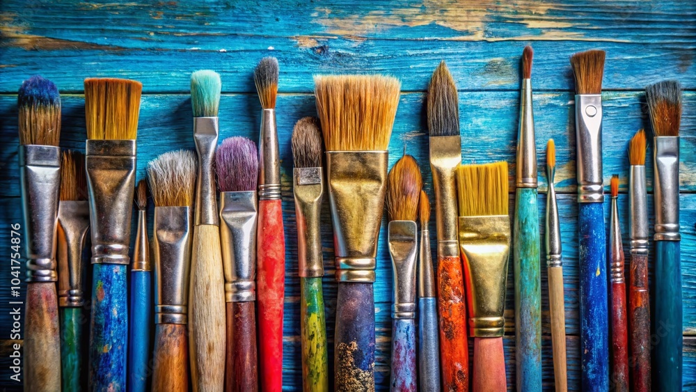 Fototapeta premium Art Brushes on Blue Background - High Depth of Field Flat Lay Photography for Creative Projects