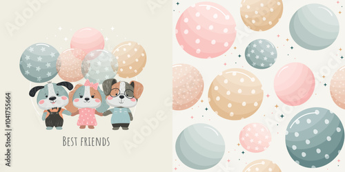 Children's seamless delicate pattern with cute puppies and balloons. Vector design for baby bedding, fabric, wallpaper, wrapping paper and more.