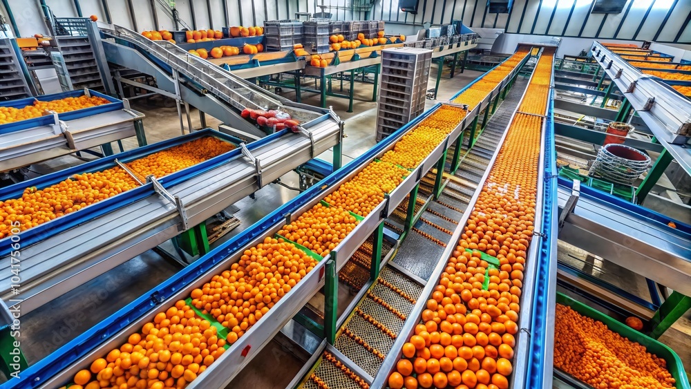 Automated Conveyor Belts Sorting Oranges in Food Processing Facility Automated Conveyor Belts Sorting Oranges in Food Processing Facility