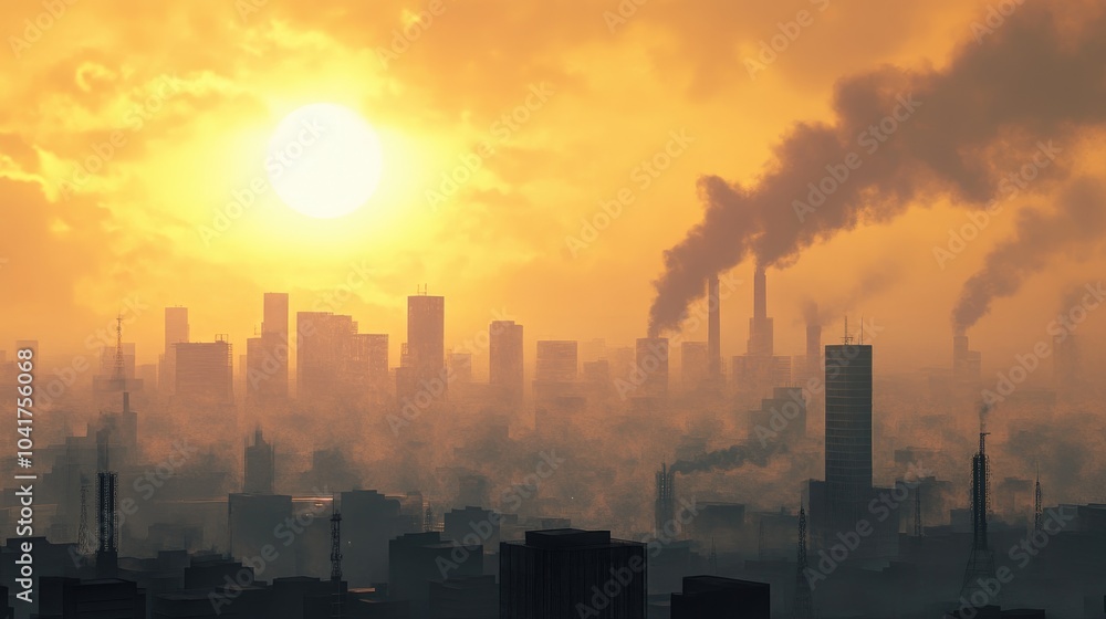 Fototapeta premium Urban Skyline with Sunset and Pollution Effects