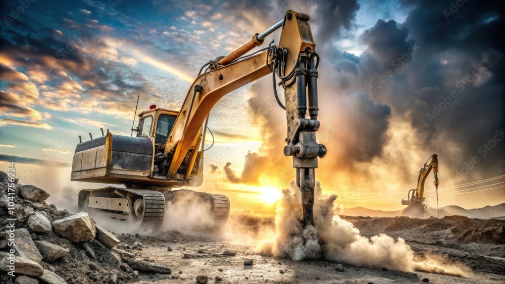 Heavy Construction Excavator Working at Sunset, Creating a Cloud of Dust and Debris with a Powerful Hydraulic Hammer Heavy Construction Excavator Working at Sunset, Creating a Cloud of Dust and Debris with a Powerful Hydraulic Hammer