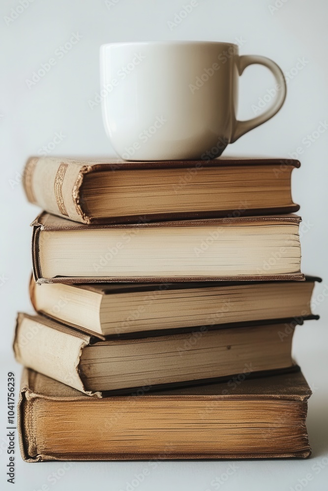 A white mug rests atop a neatly arranged stack of vintage books. The serene setting features soft lighting, creating a warm and inviting atmosphere perfect for reading and enjoying a hot beverage. A white mug rests atop a neatly arranged stack of vintage books. The serene setting features soft lighting, creating a warm and inviting atmosphere perfect for reading and enjoying a hot beverage.