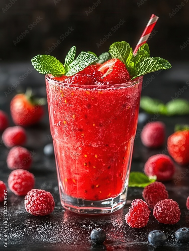 A vibrant berry drink features fresh strawberries, raspberries, and mint leaves, presented in a clear glass. This refreshing concoction is perfect for summer gatherings or outdoor events, radiating co A vibrant berry drink features fresh strawberries, raspberries, and mint leaves, presented in a clear glass. This refreshing concoction is perfect for summer gatherings or outdoor events, radiating co