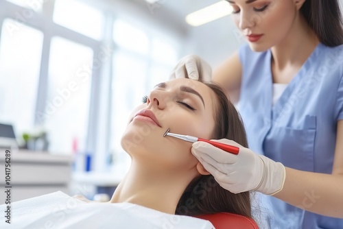 A skilled aesthetician performs a facial treatment on a relaxed client in a bright and modern beauty clinic. The atmosphere is tranquil, and the focus is on enhancing skin health and vitality.