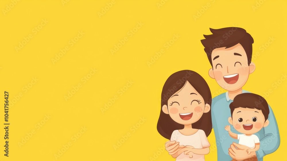 A cheerful family of three poses happily, showcasing their love and connection in a vibrant yellow setting. Generative AI A cheerful family of three poses happily, showcasing their love and connection in a vibrant yellow setting. Generative AI