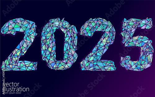 2025 neon holographic color numbers New Year banner. Winter holiday greeting card connected line triangles template. Glowing vector illustration