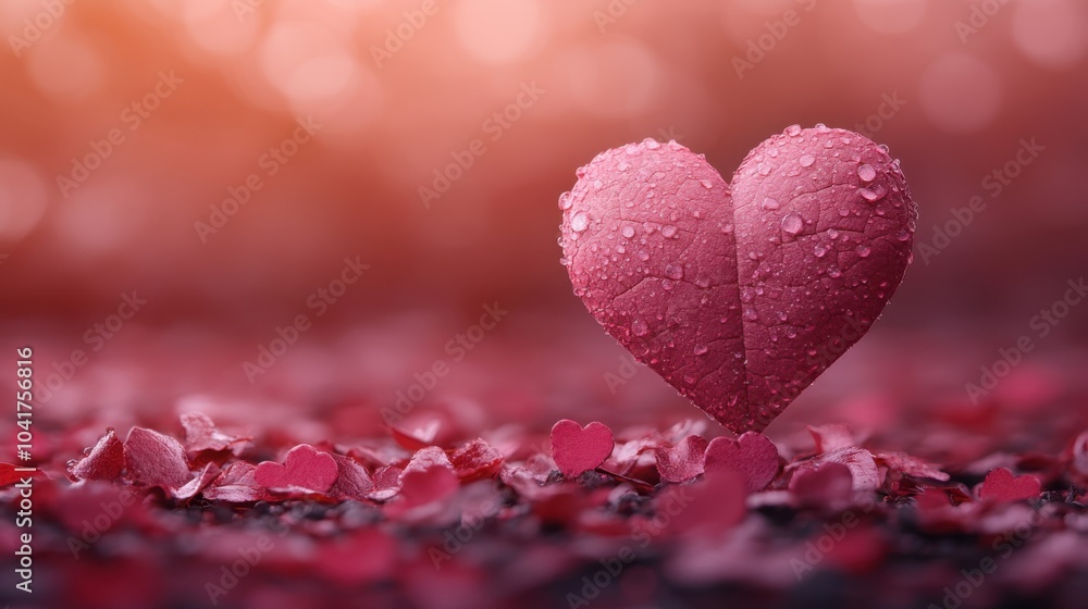 A heart-shaped leaf covered in dew stands amidst a field of delicate pink petals, evoking themes of love and beauty. A heart-shaped leaf covered in dew stands amidst a field of delicate pink petals, evoking themes of love and beauty.