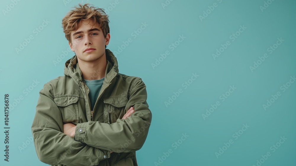 Young Man in Green Jacket Against Blue Background Young Man in Green Jacket Against Blue Background