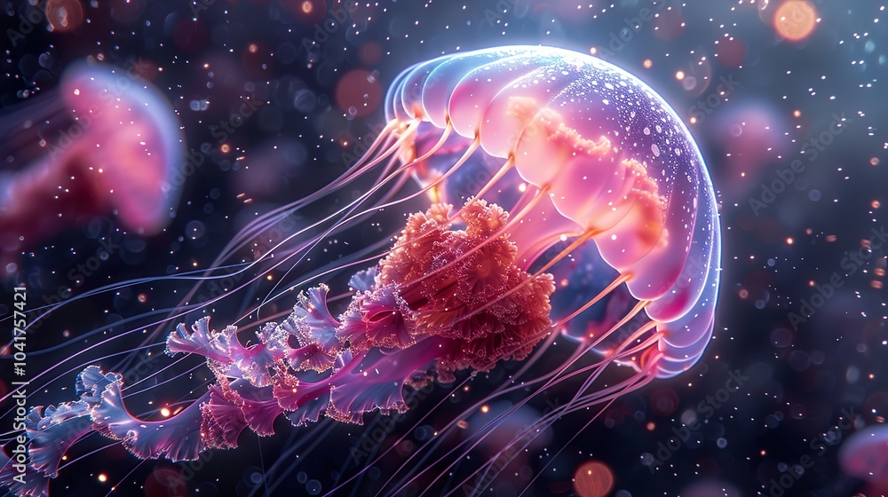 Vibrant Jellyfish Glowing in the Ocean Depths Vibrant Jellyfish Glowing in the Ocean Depths