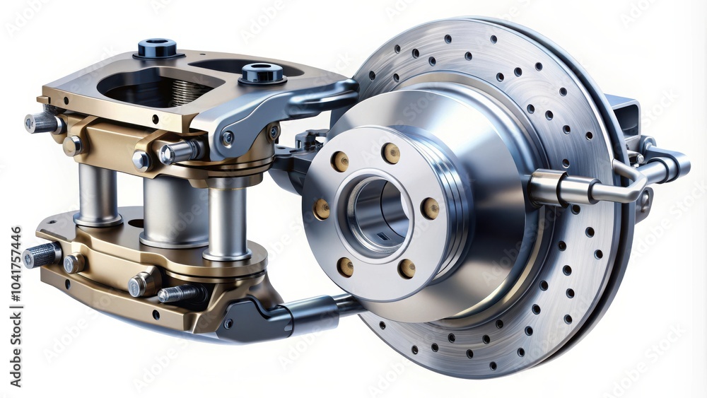 Detailed View of a Car's Suspension System, Featuring a Disc Brake and Calipers, Precision Engineered for Optimal Performance Detailed View of a Car's Suspension System, Featuring a Disc Brake and Calipers, Precision Engineered for Optimal Performance