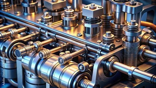 A close-up of a complex metallic machine with intricate gears, shafts, and cylinders, showcasing the precision and artistry of engineering