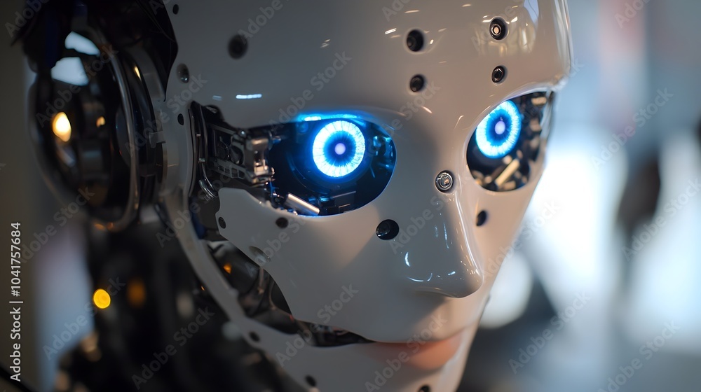 Humanoid Robot Face with Glowing Blue Eyes and Advanced Features Humanoid Robot Face with Glowing Blue Eyes and Advanced Features