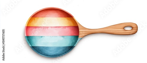 A colorful wooden slotted spoon with vibrant stripes on a white background, ideal for culinary and kitchen themes. photo