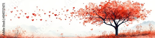 A lone red tree stands in a field, with heart-shaped leaves blowing gently in the wind.