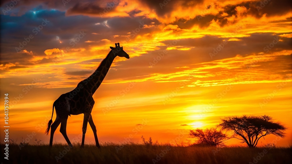 Backlit Giraffe Silhouette in Savanna at Sunset - Long Exposure Photography Backlit Giraffe Silhouette in Savanna at Sunset - Long Exposure Photography