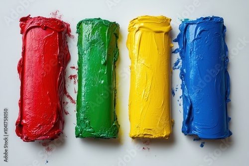 Four tubes of paint rest side by side, featuring bright red, green, yellow, and blue colors. Each tube appears freshly squeezed, showing a smooth, textured surface against a clean white backdrop, invi photo