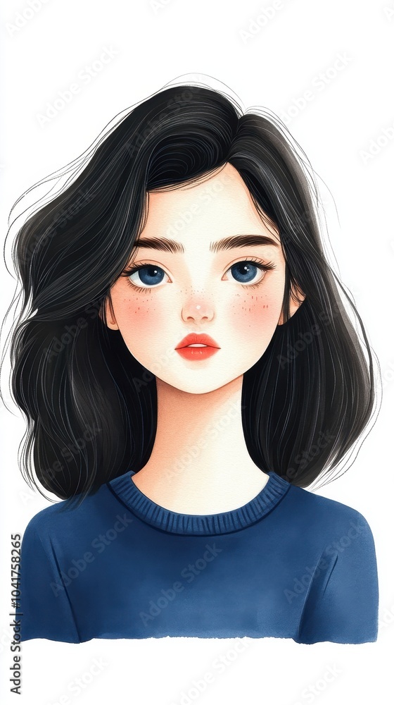 A digital illustration of a young woman with black hair and blue eyes in a casual blue top, isolated on a white background. A digital illustration of a young woman with black hair and blue eyes in a casual blue top, isolated on a white background.