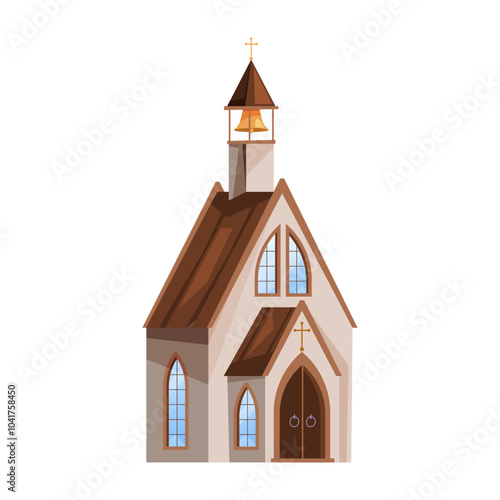 Wooden church building facade, isolated wild west style architecture. Vector cartoon, western america street composition element. Holy place for praying and mass service, construction exterior