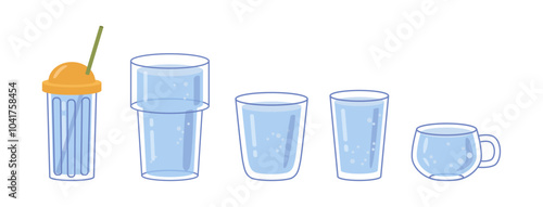 Glass or crystal water glasses with lid and straw and cup, isolated set of containers for holding and serving aqua and other liquids. Vector tumblers for cold, hot drink realistic templates