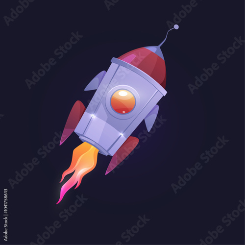 Space and galaxy adventures and exploration, isolated spacecraft with window flying in cosmos. Vector spaceship or rocket with fire, launched from earth. Cosmic and galactic search and discovery