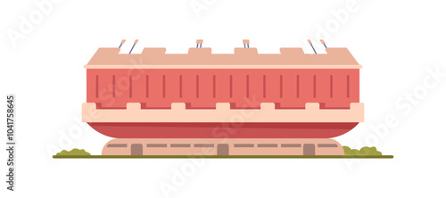 Building construction of soccer arena, stadium vector illustration in flat style. Stadium and sport building, football field architecture. City modern sporting architecture glass facade cartoon icon