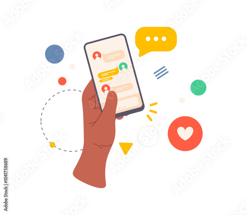 Smartphone screen with social media communication tab, flat cartoon vector illustration. Isolated hand showing contacts or dialogue in messenger. Talking and chatting online in web