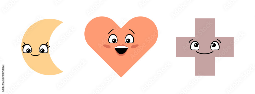 Funny geometry characters, isolated cute geometric shapes set. Vector smiling moon and cross with eyelashes, heart with exited muzzle expression. Personages for stickers, emoticons or emoji Funny geometry characters, isolated cute geometric shapes set. Vector smiling moon and cross with eyelashes, heart with exited muzzle expression. Personages for stickers, emoticons or emoji