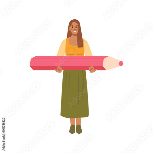 Woman with pencil in hands, copywriter or blogger. Vector girl with big pink pencil, draftsman or author human character, journalist or student. Blogger or journalist, interviewer