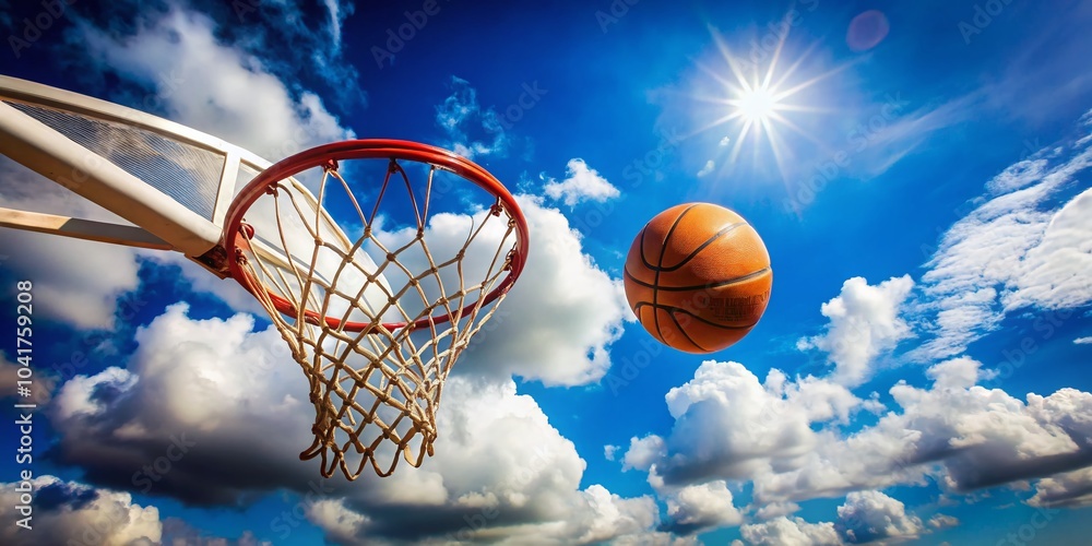 Basketball Soaring Through Hoop Against a Bright Blue Sky with Fluffy Clouds for Sports Photography Basketball Soaring Through Hoop Against a Bright Blue Sky with Fluffy Clouds for Sports Photography