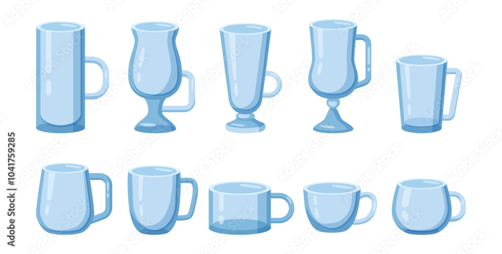 Crystal utensil for beverage serving. Vector flat cartoon glassware with handles for drinks in cafe, restaurant or home. Classic drinkware bowls for drinking espresso, tea or latte coffee Crystal utensil for beverage serving. Vector flat cartoon glassware with handles for drinks in cafe, restaurant or home. Classic drinkware bowls for drinking espresso, tea or latte coffee