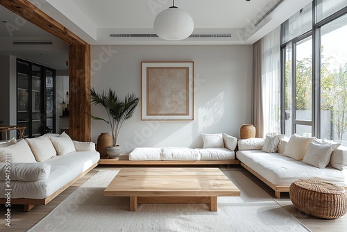 Wallpaper Mural A modern Scandinavian interior in the living room with a minimalist, large art frame and sofa. Generative AI
 Torontodigital.ca