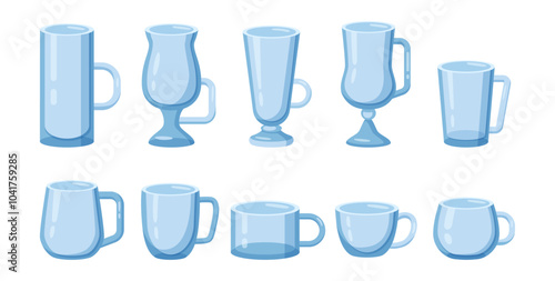 Crystal utensil for beverage serving. Vector flat cartoon glassware with handles for drinks in cafe, restaurant or home. Classic drinkware bowls for drinking espresso, tea or latte coffee