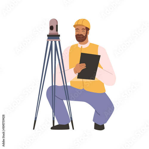 Geodesic professional or surveyor with tool for measuring and estimation. Vector flat cartoon character, isolated man in hardhat documenting results from tripod with camera. Construction site