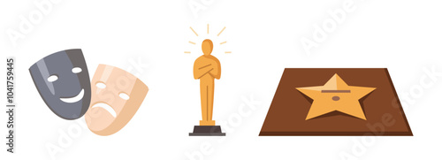 Star with celebrity name on alley, cinema industry. Vector isolated set of cinematography or television gold statuette. Drama and comedy masks for theater performers, entertainment and hobby