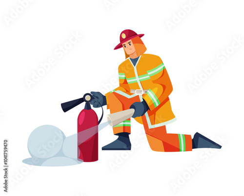 Fireman wearing protective uniform holding extinguisher to cope with fire. Vector flat cartoon character, isolated firefighter dealing with emergency, saving people lives and property from burning