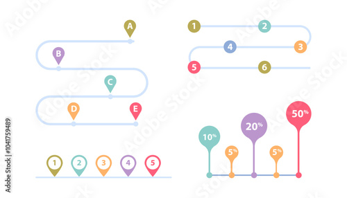 Charts and graphics with percent and steps. Vector isolated logic and navigation, strategy with actions sequence. Presentation layout or progress of business, growth and development visualization