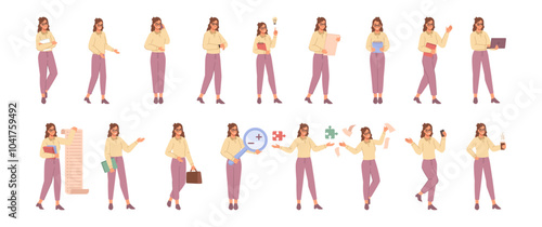 Woman employee at work, isolated set of personages looking for idea or presenting business plan. Vector manager with strategy or statistics, presentation or searching for new innovations