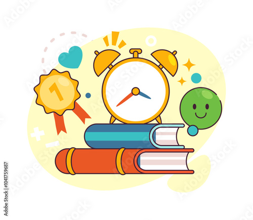 School books and textbooks, pile of publications with alarm clock. Vector flat college or university supplies for studying, isolated emoticon and prize for first place in competition