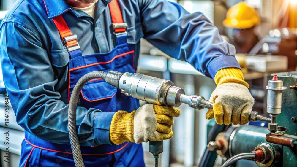 A worker in blue overalls uses a specialized tool in a workshop setting to tighten a large bolt with precision and expertise. A worker in blue overalls uses a specialized tool in a workshop setting to tighten a large bolt with precision and expertise.