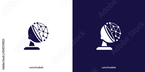 Satellite Dish Connection Logo. Satellite Dish Signal Dots Connect with Minimalist Style. Parabolic Logo, Icon, Symbol, Vector, Design Inspiration.