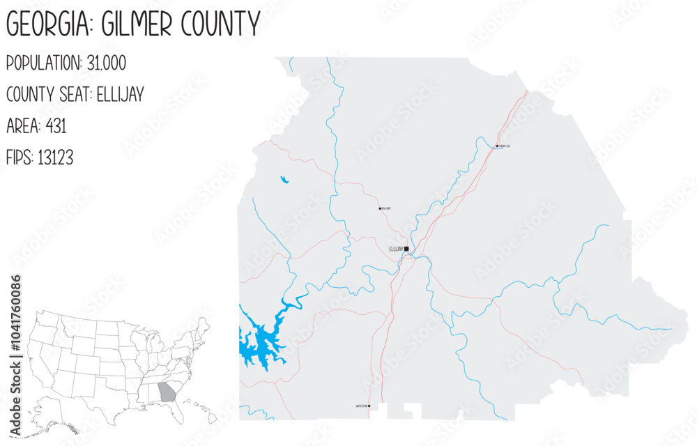 Fototapeta premium Large and detailed map of Gilmer County in Georgia, USA.
