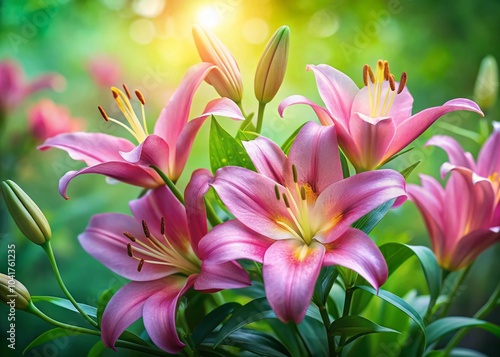 Beautiful Pink Garden Lilies in Long Exposure with Blurred Green Background for Bright Summer Wallpaper