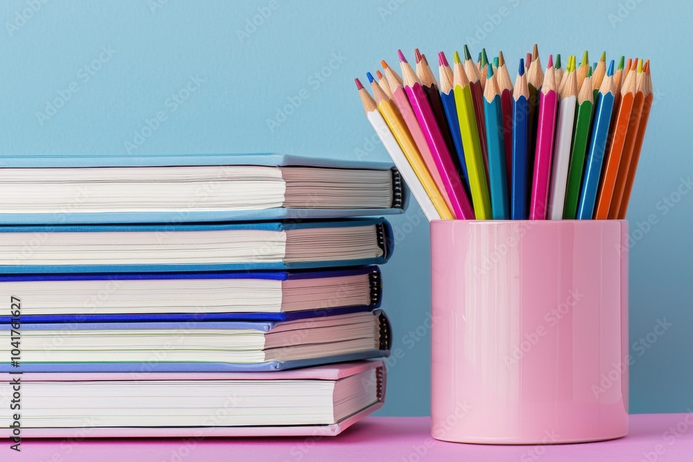 Fototapeta premium A collection of notebooks stacked beside a pink cup filled with colorful pencils against a light blue background.