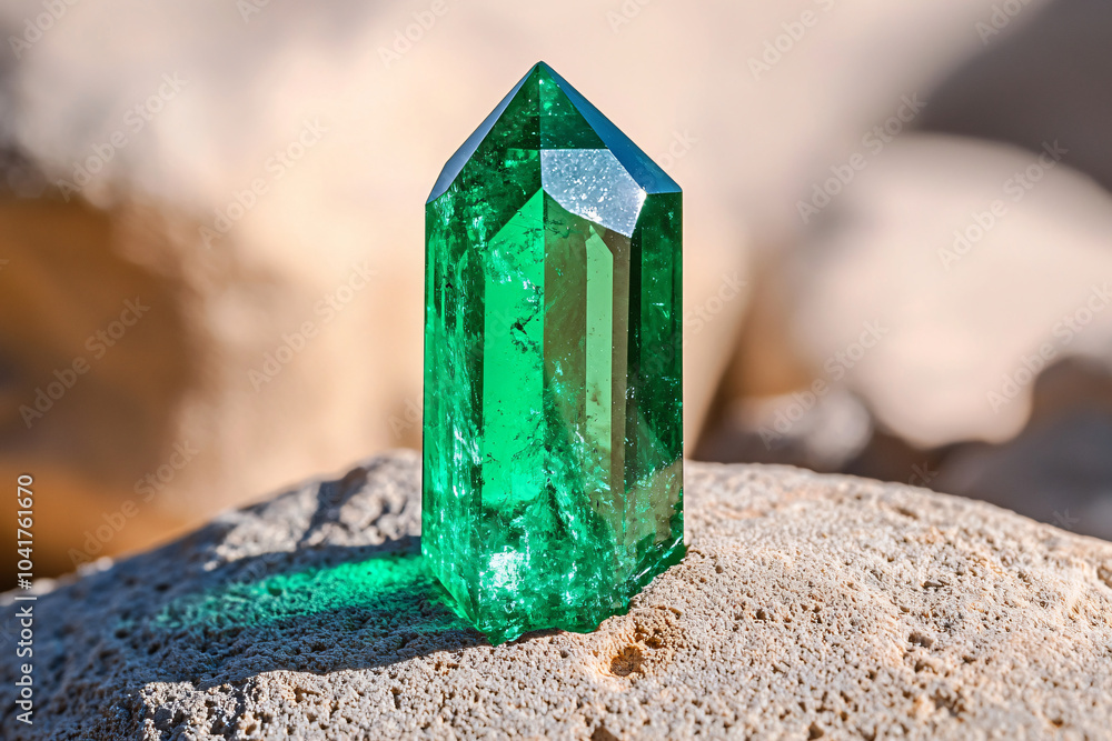 a raw emerald crystal formation in desert rocks, harsh sunlight a raw emerald crystal formation in desert rocks, harsh sunlight
